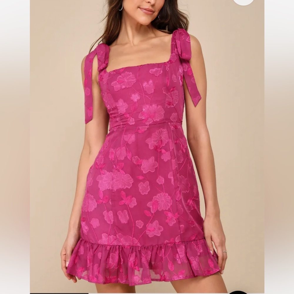 Lulus No One Prettier Magenta Floral Embroidered Mini Dress NEW NWT